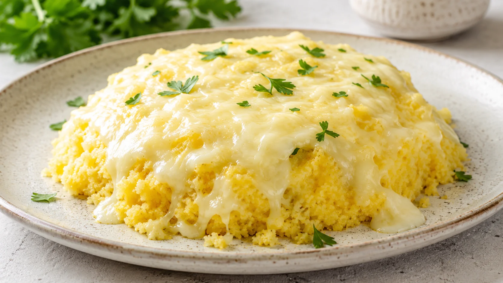 Cuscuz coberto com queijo derretido e salsinha