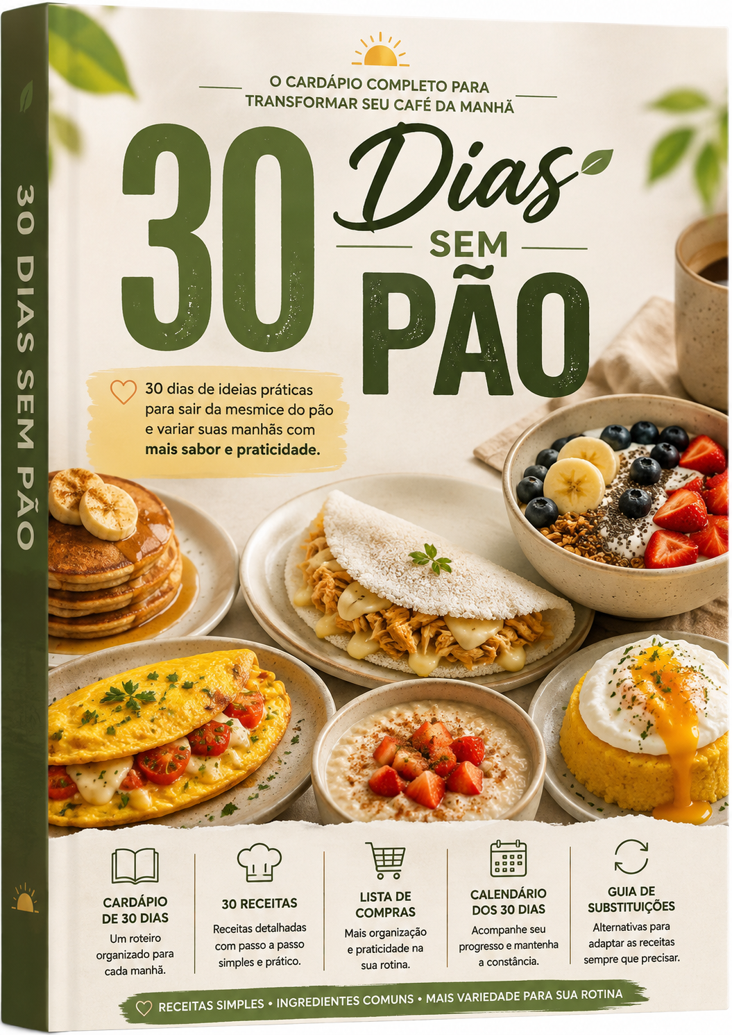 Capa do e-book 30 Dias Sem Pão com pratos de café da manhã