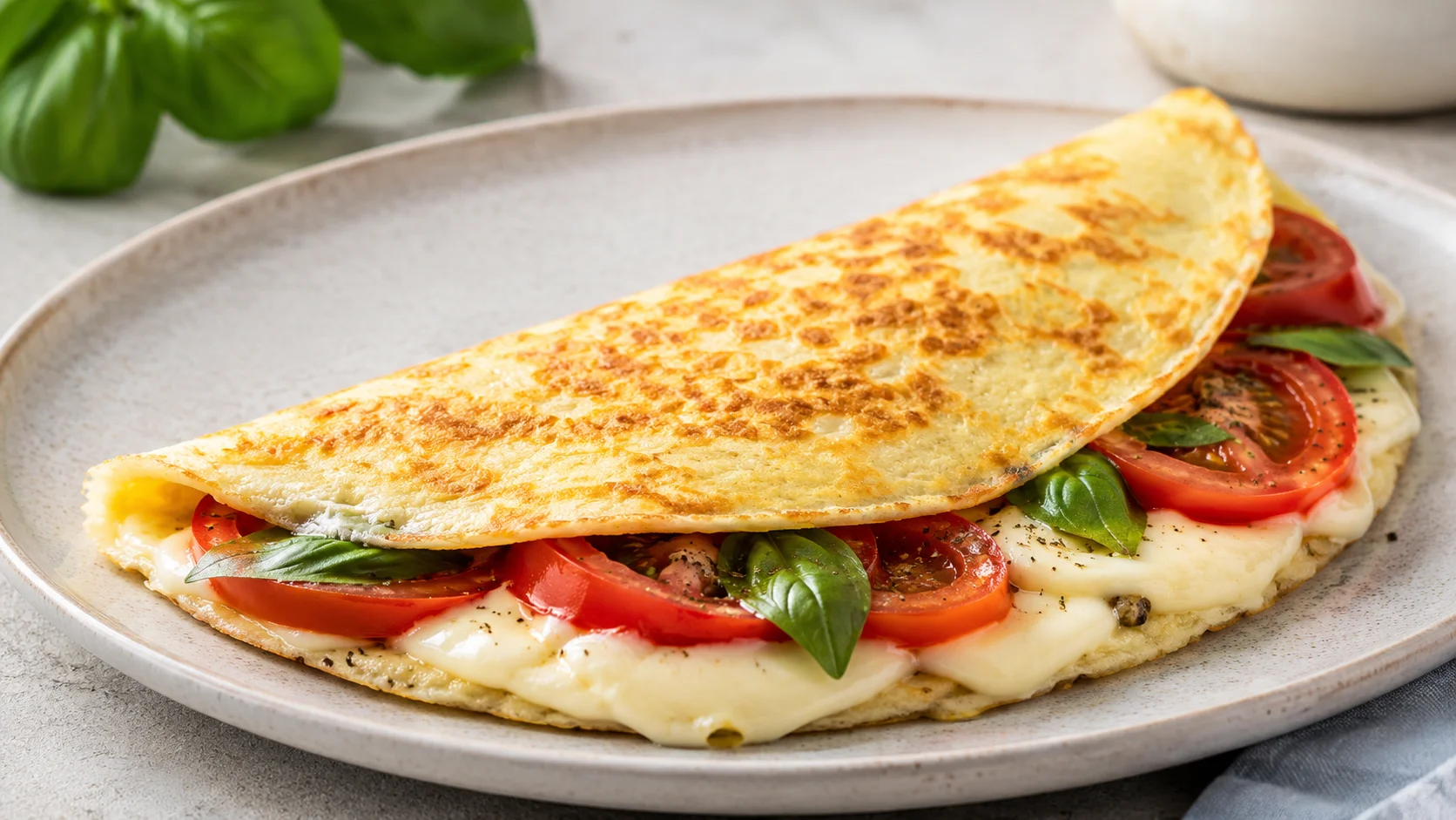 Omelete recheado com tomate, muçarela e manjericão