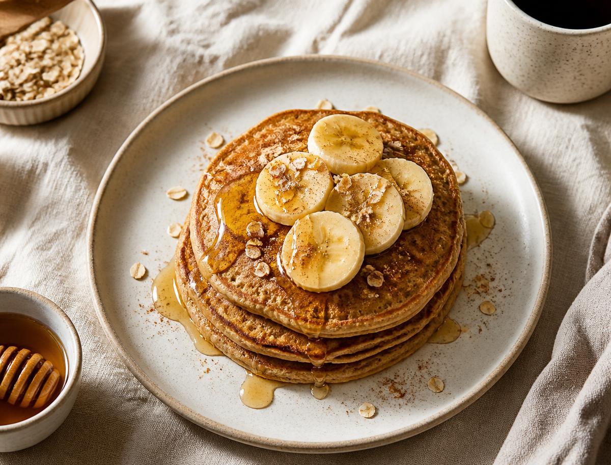 Panqueca de banana com aveia e canela servida em prato de cerâmica